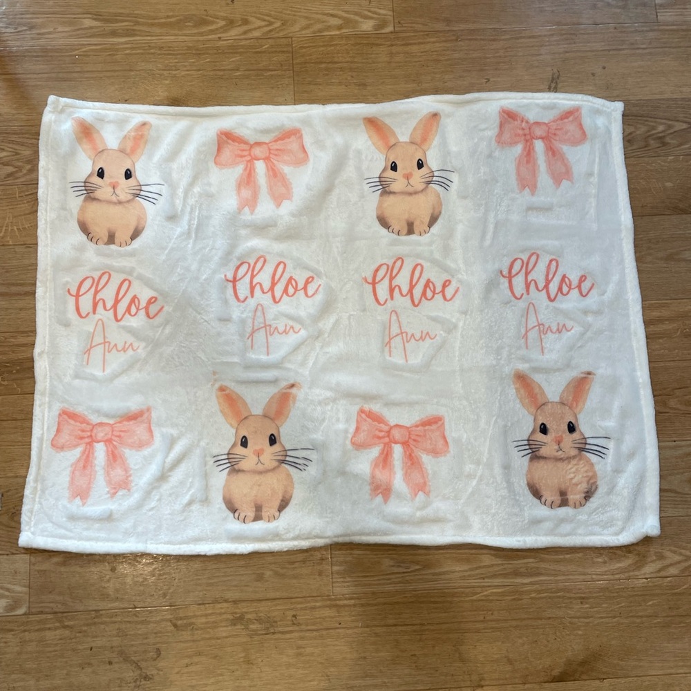 White Blanket with Bunny and Bow Design